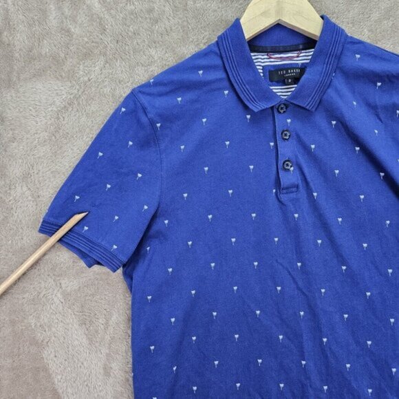 Ted Baker Golf Polo Shirt Blue All Over Print Cotton Short Sleeve Men's Size 3 - Picture 2 of 10